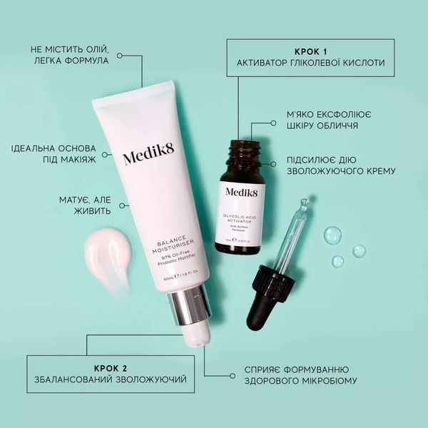Зволожувальний крем + кислотний активатор Medik8 Balance Moisturiser with Glycolic Acid 50 мл &mdash; зволожує без перевантаження P08798 фото
